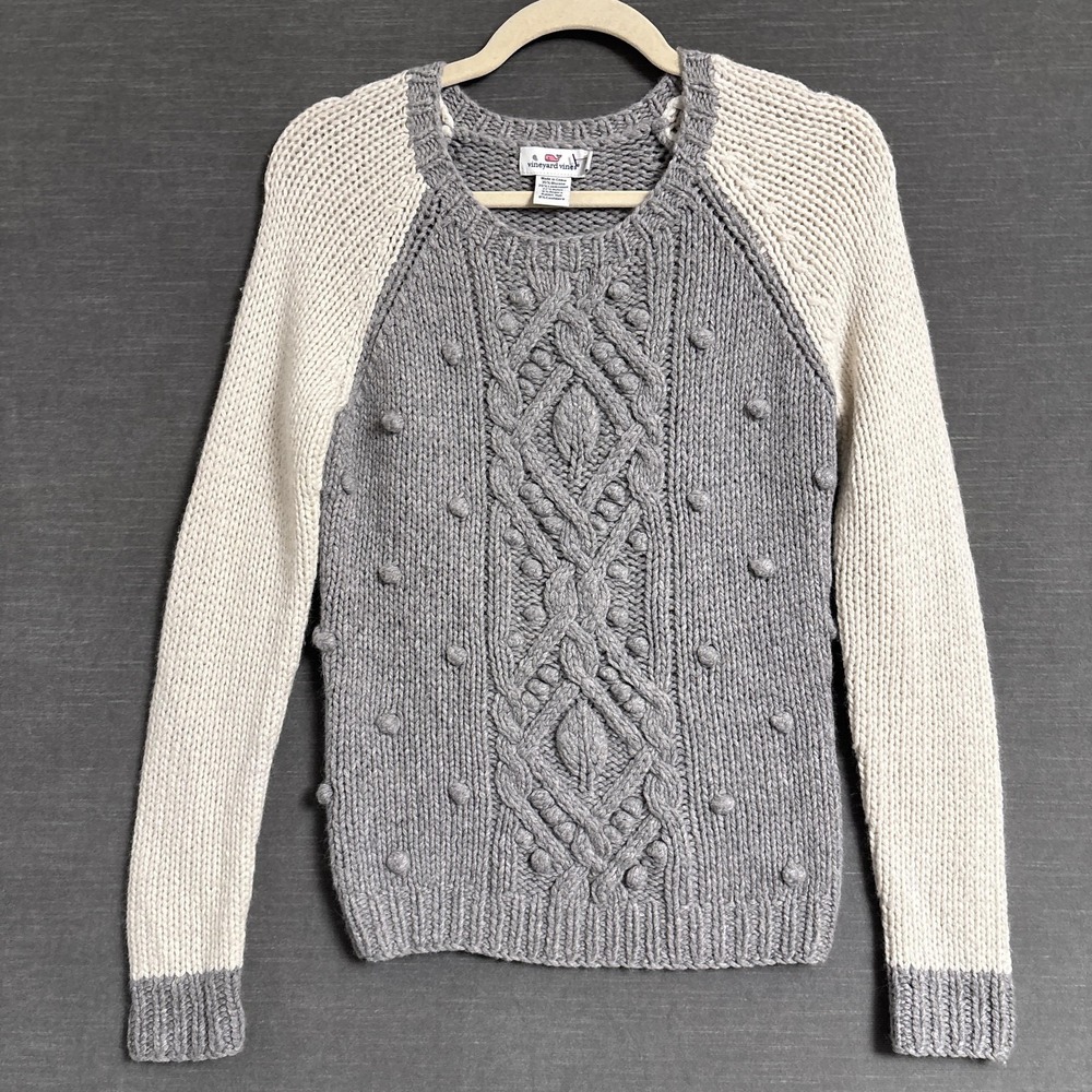 Vineyard Vines Sweater XXS Gray‎ Cream Wool Cashmere Cable Knit Bobble Pullover